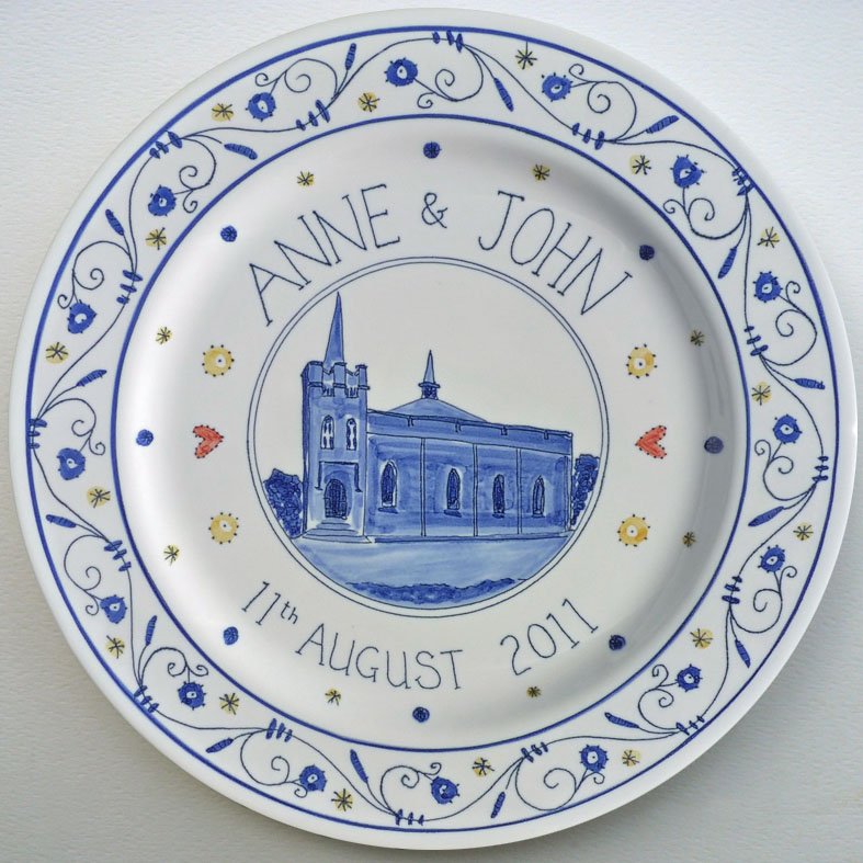 6 Hand painted wedding anniversary plate
