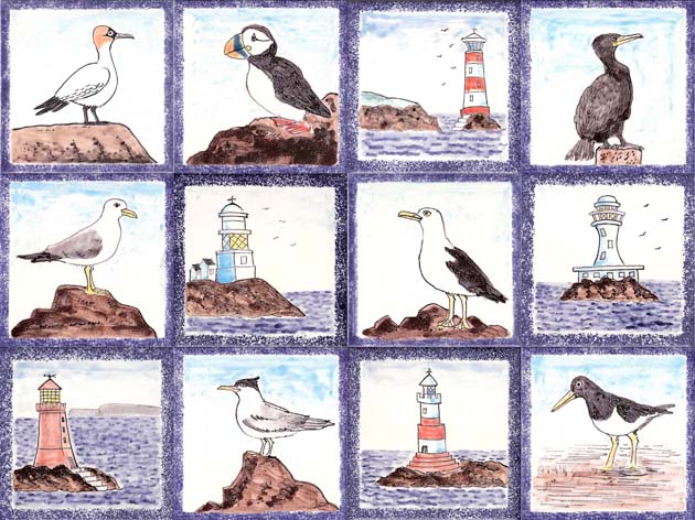 Seabird and lighthouse tiles