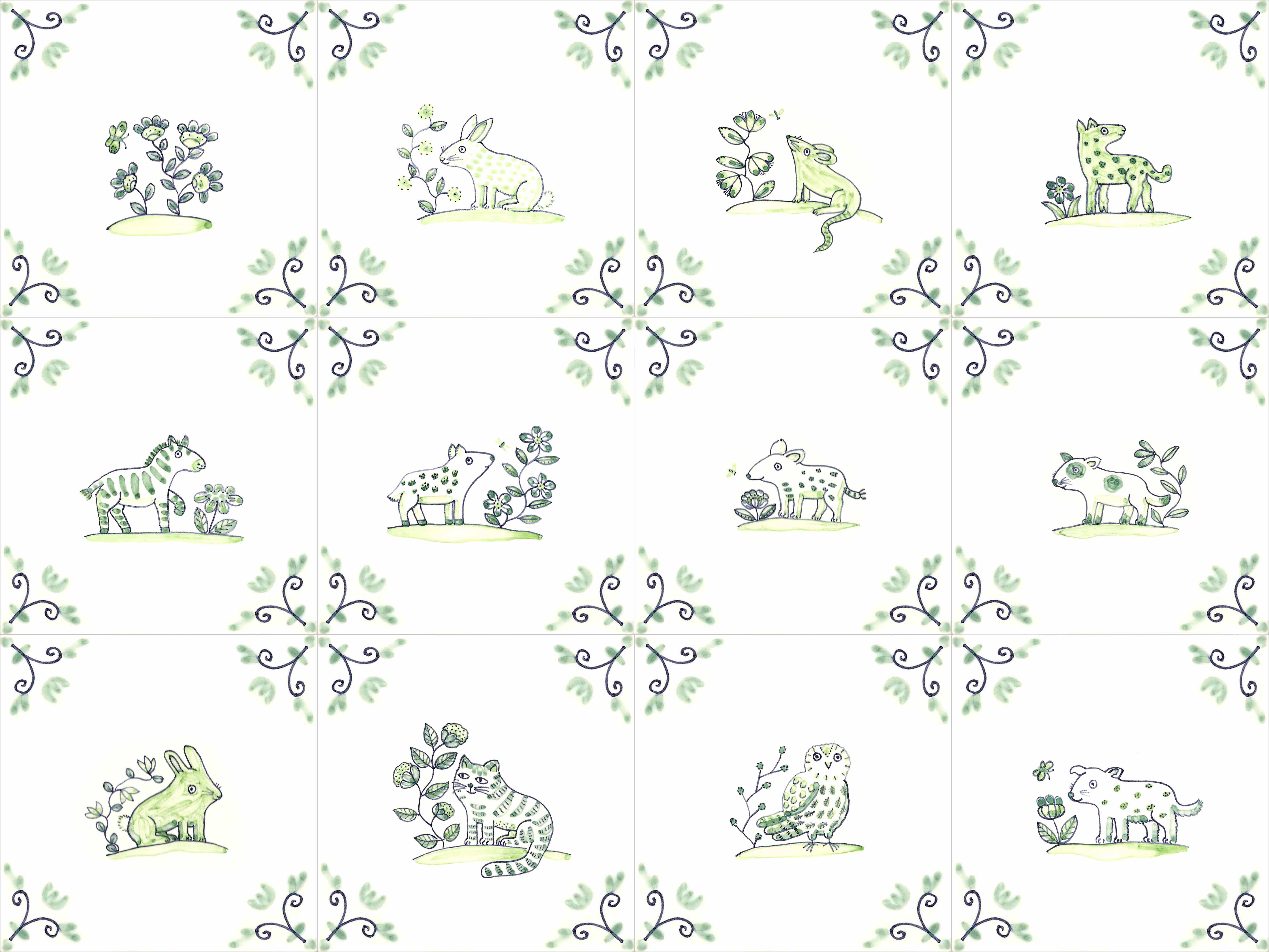 twelve Delft animal tiles